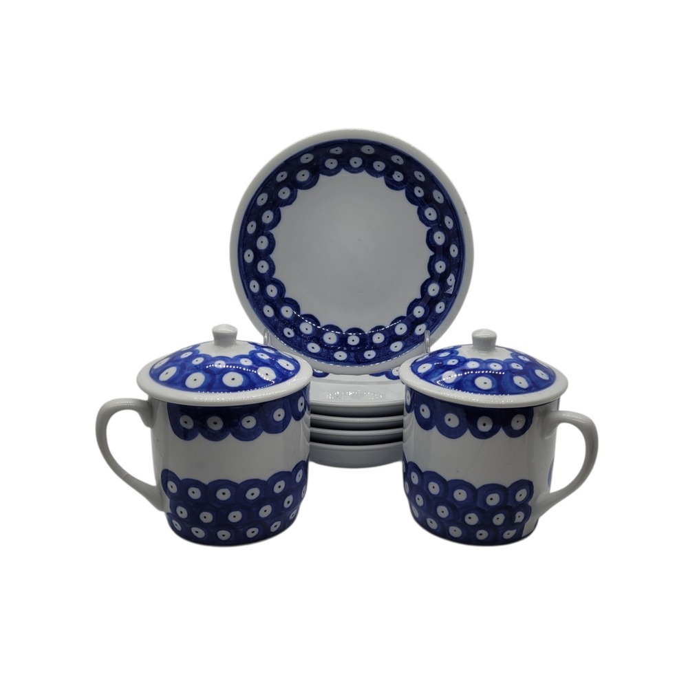 Williams Sonoma IDG Blue White Peacock Eye Ceramic Lidded Tea Mug and Bowl Set